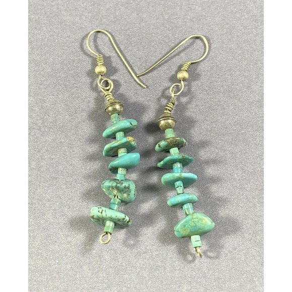 Vintage Sterling Silver Turquoise Nugget Earrings Hook Dangle Fine Pierced - Picture 6 of 6
